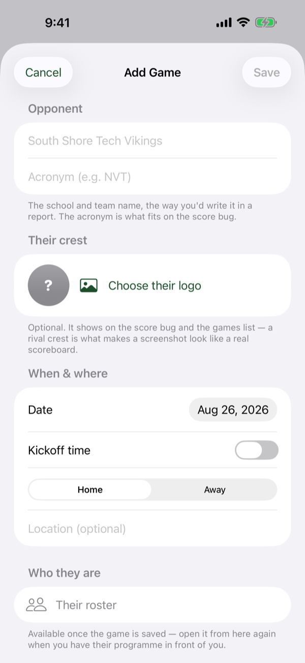 The Add Game form: opponent name and acronym, their crest, date and location, and a kickoff time switch.