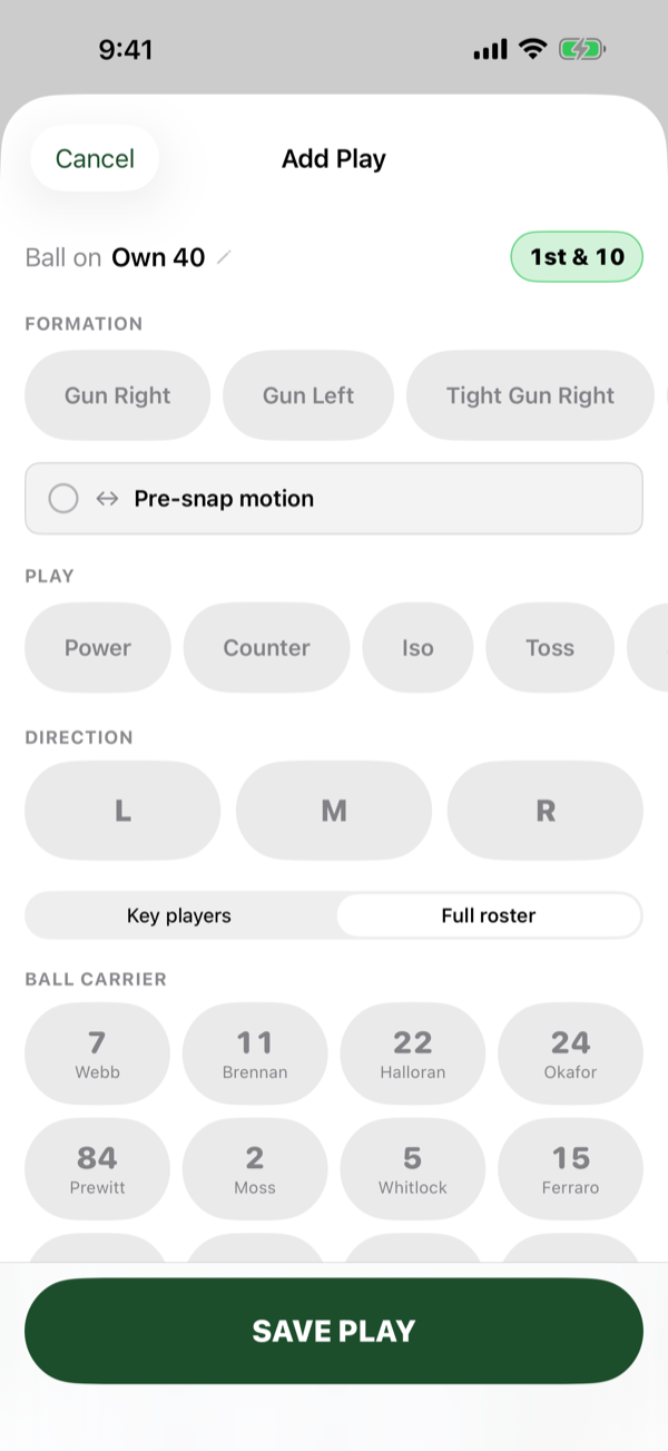 The Add Play form showing formation chips, a pre-snap motion toggle, play chips, direction L M R, a key players and full roster switch, and the ball carrier grid.