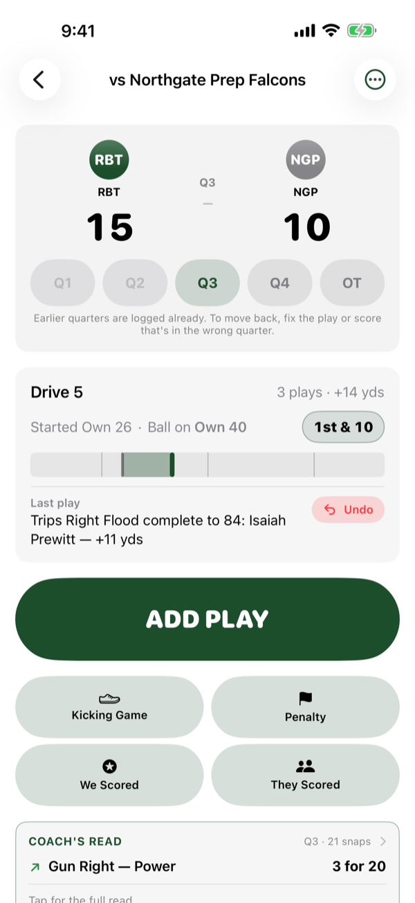 The game screen: score bug reading RBT 15, NGP 10 in Q3, the current drive, the ADD PLAY button, and quick actions for Kicking Game, Penalty, We Scored and They Scored.