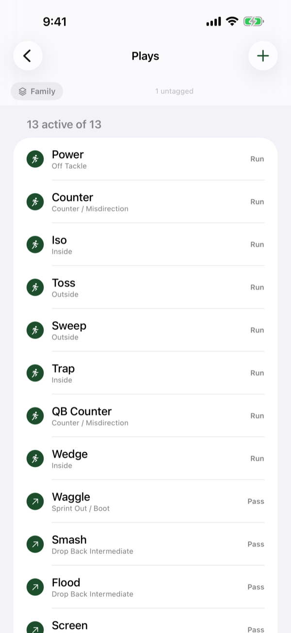 The plays list with a family filter and a count of untagged plays.