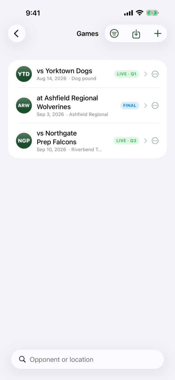 The schedule listing games with opponent, date and score, and a filter control in the top left.