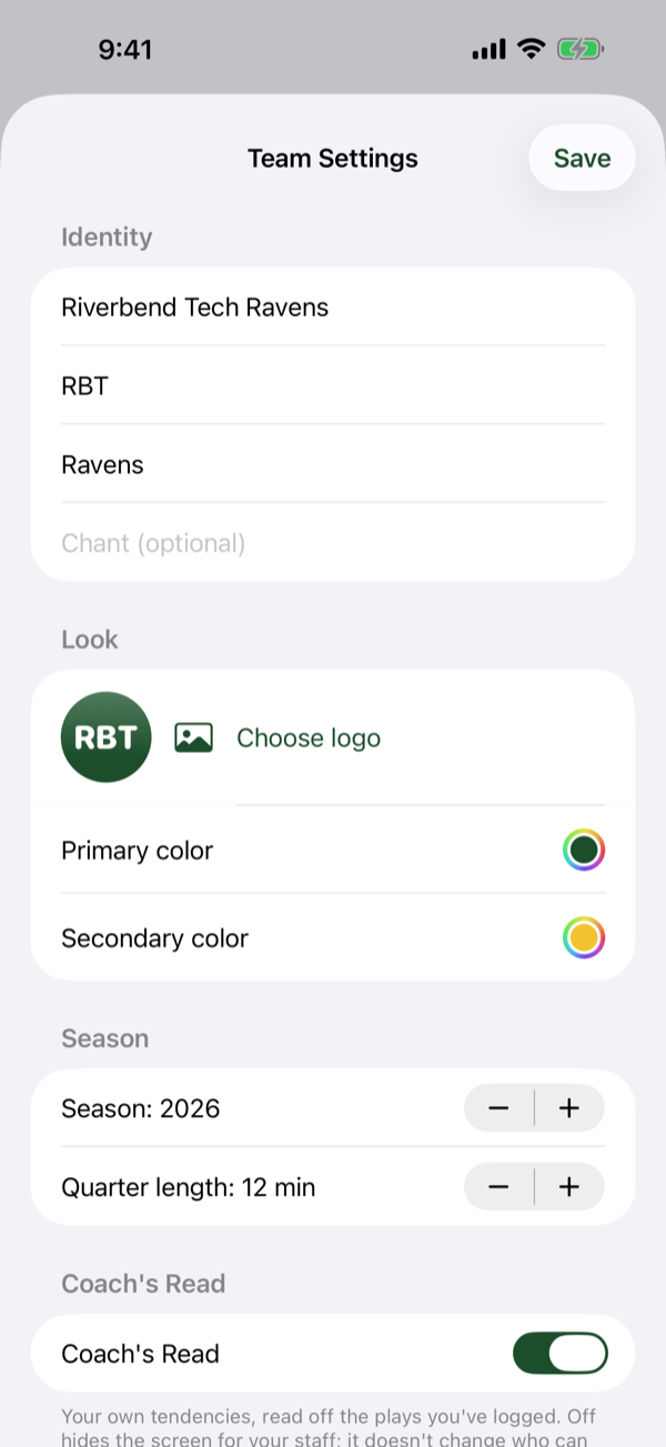 Team Settings showing identity fields, colours, season and quarter length, and switches for Coach's Read and The Booth.