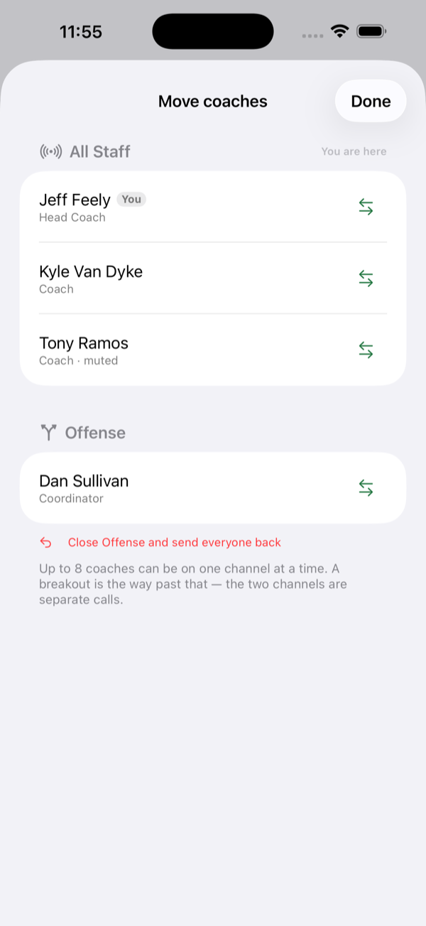 The Move coaches board: coaches grouped under All Staff and Offense, each with a one-tap switch arrow, and a link to close the breakout and send everyone back.