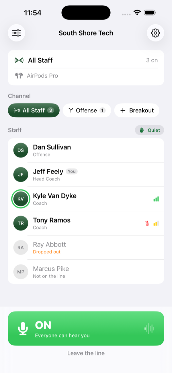 The line screen: the team name at the top, channel chips for All Staff and Offense, a list of six coaches showing who is talking, who is muted and who has dropped out, and a full-width green ON button reading 'Everyone can hear you'.