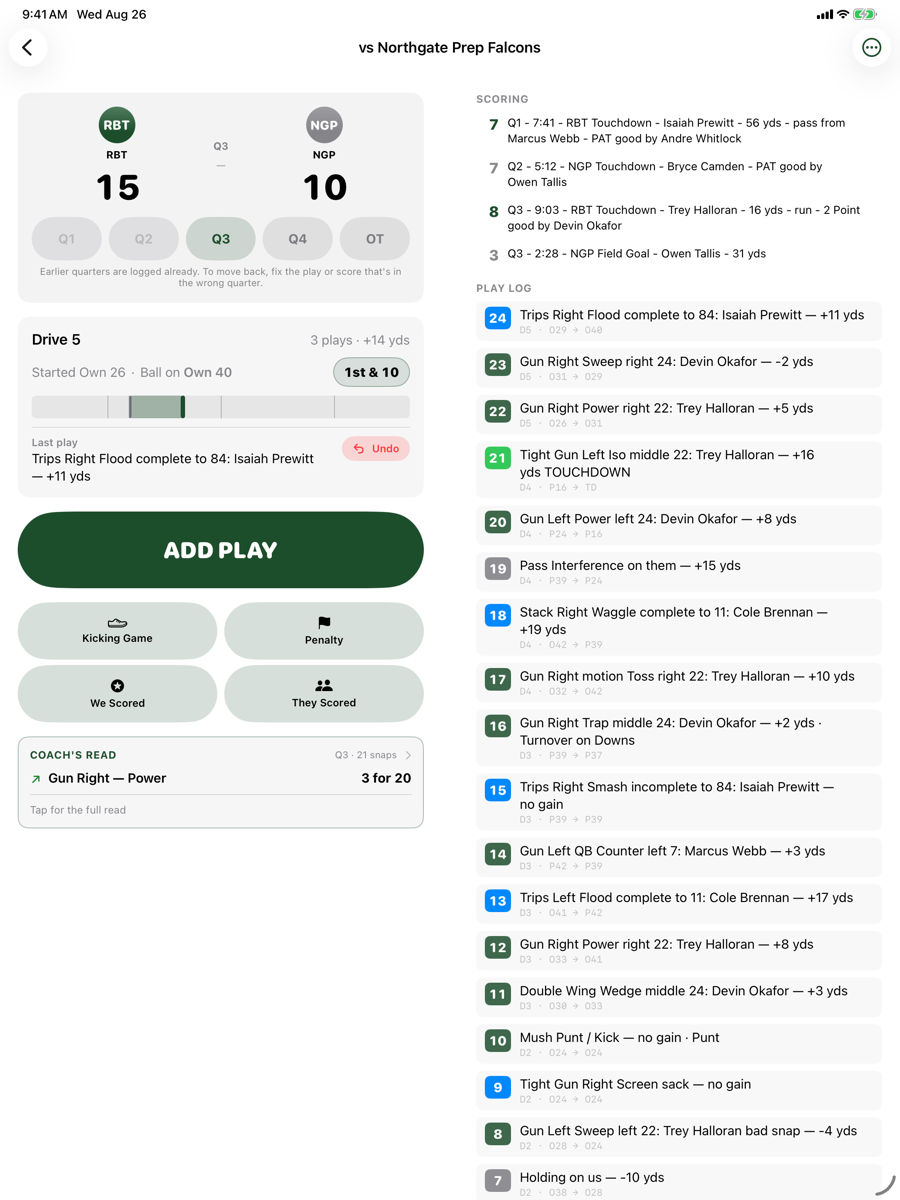 On an iPad the game screen splits in two: play entry with the ADD PLAY button on the left, and the scoring summary with the full play log on the right.